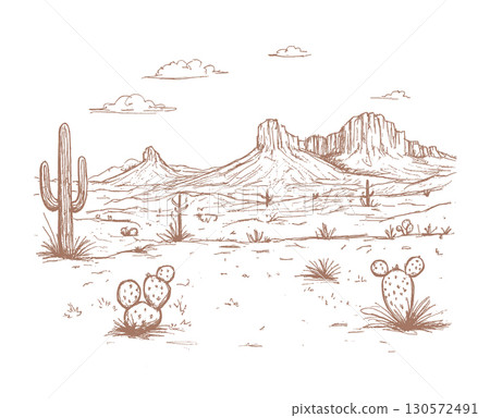 Prairie desert scene with cactuses and Western mountains. Rodeo Wild West vibe. 130572491