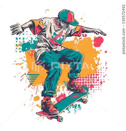 Street skateboarder illustration with colorful paint splashes and urban style. Extreme sports theme. Street skateboarder illustration with colorful paint splashes and urban style. Extreme sports theme. 130572492