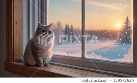 Fluffy gray cat sitting on a wooden windowsill watching snowfall outside during winter sunset with frosted glass and snowy forest view. Fluffy gray cat sitting on a wooden windowsill watching snowfall outside during winter sunset with frosted glass and snowy forest view. 130572620