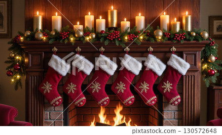 Christmas fireplace with red stockings, golden decorations, candles, and garlands, creating a warm and festive atmosphere in cozy holiday interior. 130572648
