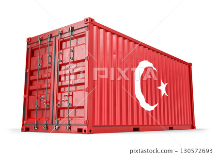 Red shipping container displaying Turkish flag symbolizing import, export, and global commerce between nations. 3d Rendering 130572693