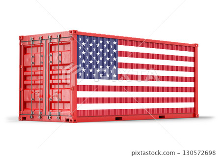 Weathered red cargo container bearing United States flag, symbolizing international trade and shipping logistics. 3d Rendering 130572698