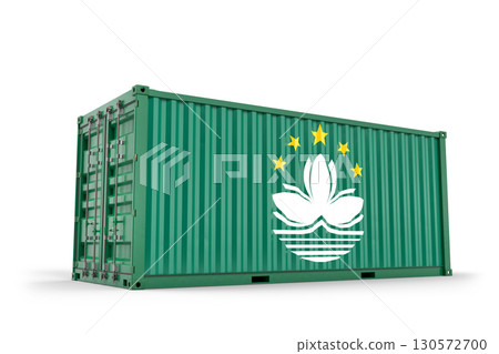 Macau flag decorating shipping container, representing global logistics and maritime commerce. 3d Rendering 130572700