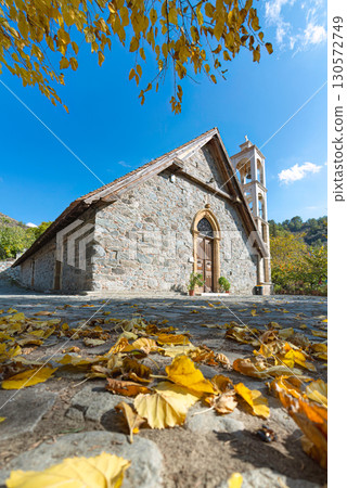 Church of the transfiguration of the saviour showing autumn foliage in Platanistasa, Cyprus 130572749