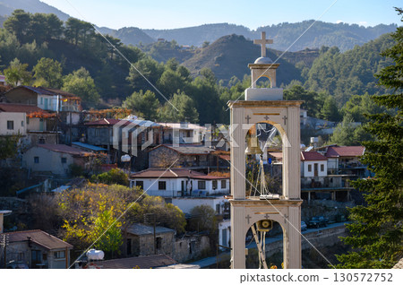 Bell tower overlooking Platanistasa village in Troodos mountains, Cyprus. Nicosia District 130572752