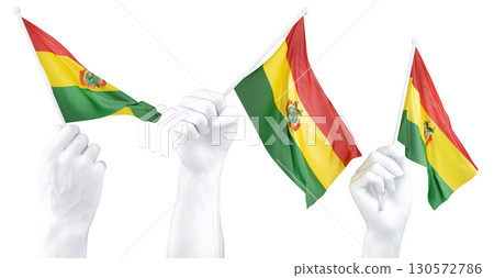 Hand holding flag of Bolivia. Isolated 3d Rendering 130572786