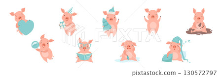 Funny Pigs Pink Character with Cute Snout in Different Activity Vector Set Funny Pigs Pink Character with Cute Snout in Different Activity Vector Set 130572797
