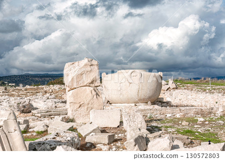 Ancient greek ruins of Amathus with massive stone vase on a cloudy day in Limassol, Cyprus Ancient greek ruins of Amathus with massive stone vase on a cloudy day in Limassol, Cyprus 130572803