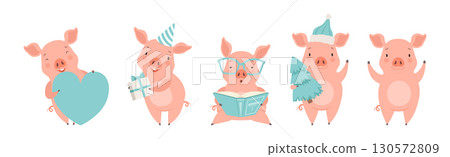 Funny Pigs Pink Character with Cute Snout in Different Activity Vector Set Funny Pigs Pink Character with Cute Snout in Different Activity Vector Set 130572809