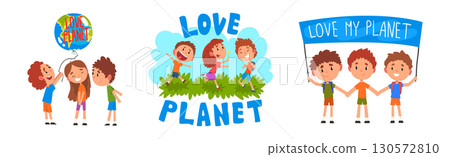 Kid Characters Save Planet and Care of Environment Vector Set Kid Characters Save Planet and Care of Environment Vector Set 130572810