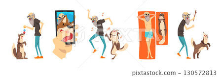 Cool Grandfather and His Dog in Different Situation Vector Set Cool Grandfather and His Dog in Different Situation Vector Set 130572813
