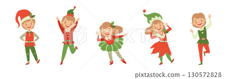 Boy and Girl Elf and Santa Claus Helper Vector Set 130572828