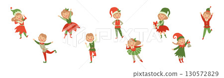 Boy and Girl Elf and Santa Claus Helper Vector Set 130572829