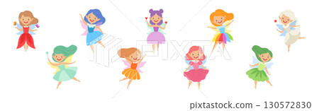 Cute Girl Fairy with Wings and Pretty Dress Vector Set 130572830