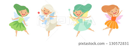 Cute Girl Fairy with Wings and Pretty Dress Vector Set Cute Girl Fairy with Wings and Pretty Dress Vector Set 130572831