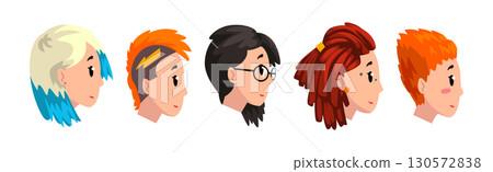 Woman Head Side View with Different Hairstyle Vector Set 130572838