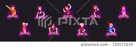 DJ Man and Woman Character with Headphone Mixing Music in Club Vector Set 130572839