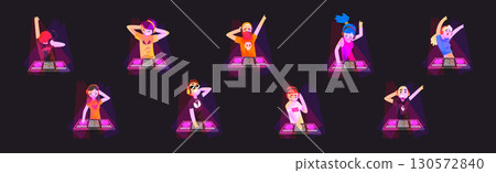 DJ Man and Woman Character with Headphone Mixing Music in Club Vector Set DJ Man and Woman Character with Headphone Mixing Music in Club Vector Set 130572840