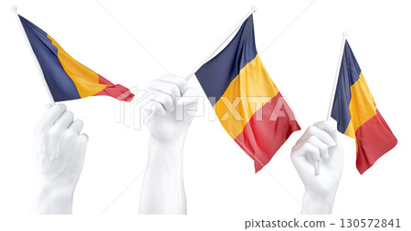 Hand holding flag of Chad. Isolated 3d Rendering Hand holding flag of Chad. Isolated 3d Rendering 130572841