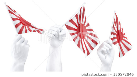 Hand holding Imperial Japanese flag. Isolated 3d Rendering 130572846