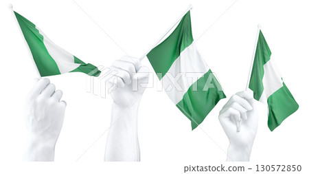 Hand holding flag of Nigeria. Isolated 3d Rendering Hand holding flag of Nigeria. Isolated 3d Rendering 130572850