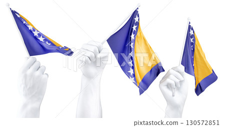 Hand holding flag of Bosnia and Herzegovina. Isolated 3d Rendering 130572851