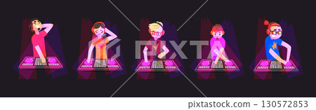 DJ Man and Woman Character with Headphone Mixing Music in Club Vector Set 130572853