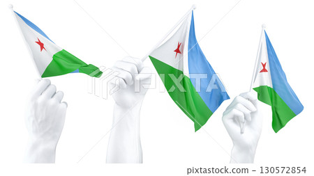 Hand holding flag of Djibouti. Isolated 3d Rendering 130572854
