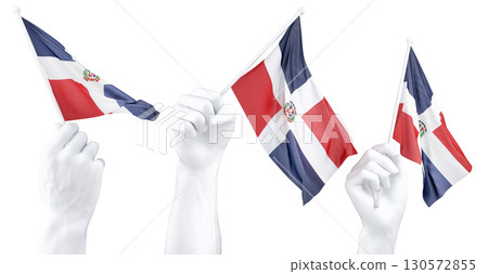 Hand holding flag of Dominican Republic. Isolated 3d Rendering Hand holding flag of Dominican Republic. Isolated 3d Rendering 130572855