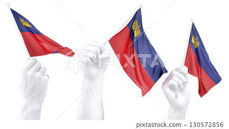 Hand holding flag of Liechtenstein. Isolated 3d Rendering Hand holding flag of Liechtenstein. Isolated 3d Rendering 130572856