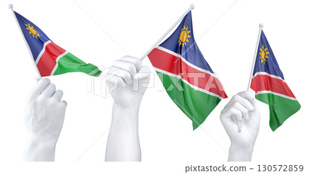 Hand holding flag of Namibia. Isolated 3d Rendering Hand holding flag of Namibia. Isolated 3d Rendering 130572859