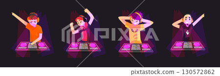 DJ Man and Woman Character with Headphone Mixing Music in Club Vector Set DJ Man and Woman Character with Headphone Mixing Music in Club Vector Set 130572862