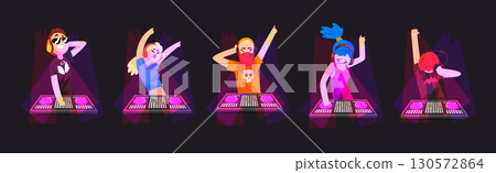 DJ Man and Woman Character with Headphone Mixing Music in Club Vector Set DJ Man and Woman Character with Headphone Mixing Music in Club Vector Set 130572864