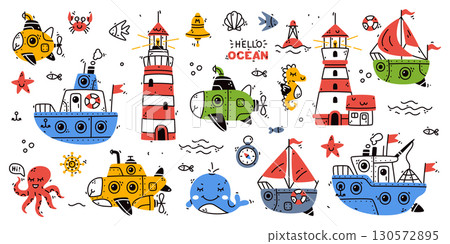 Cute Marine and Nautical Theme Clipart and Element Vector Set 130572895