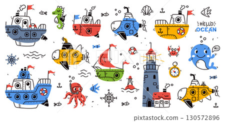 Cute Marine and Nautical Theme Clipart and Element Vector Set Cute Marine and Nautical Theme Clipart and Element Vector Set 130572896