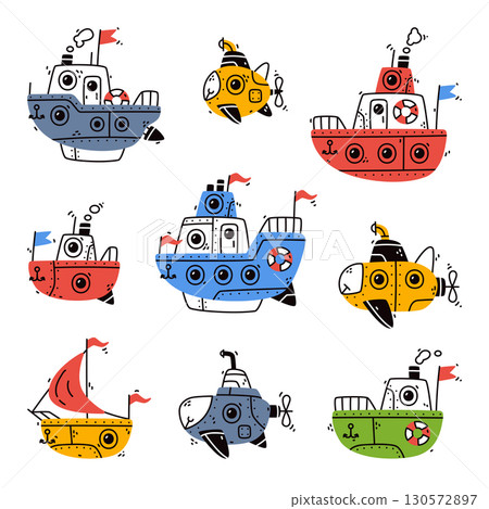 Ship and Boat as Cute Marine and Nautical Theme Clipart and Element Vector Set 130572897
