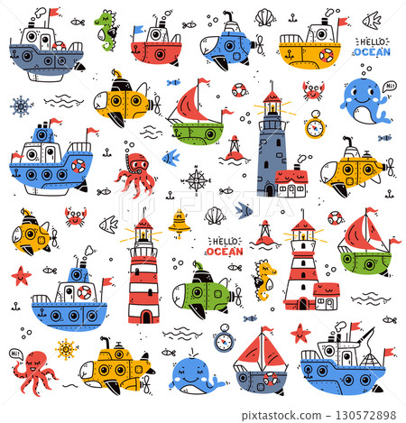 Cute Marine and Nautical Theme Clipart and Element Vector Set 130572898