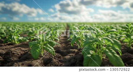 Vibrant Green Field Lush Crops Under a Sunny Sky 130572922