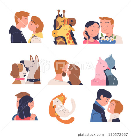 Happy Love People and Animal Couples Cuddle Together Vector Set 130572967