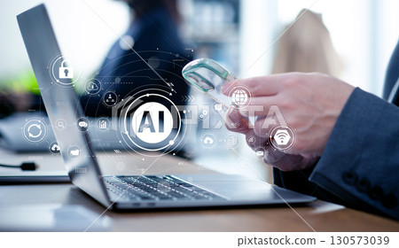 Business scene, digital workflow using generative AI, cloud, digital network image 130573039