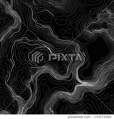 Flat Topographic Coastal Map Illustration with White Contour Lines on Black Background 130573060