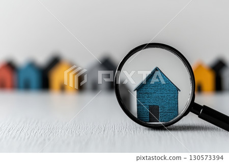 Magnifying glass highlights small blue house model among colorful mini homes 130573394