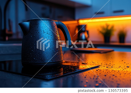 Kettle with droplets reflecting the warm glow of kitchen lights during evening hours 130573395