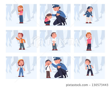 Lost Children with Woman Police Officer Vector Set Lost Children with Woman Police Officer Vector Set 130573443