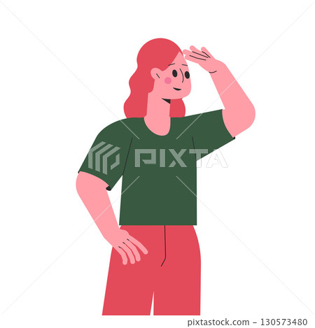 Woman Character Looking Into Distance with Hand at Forehead Vector Illustration 130573480