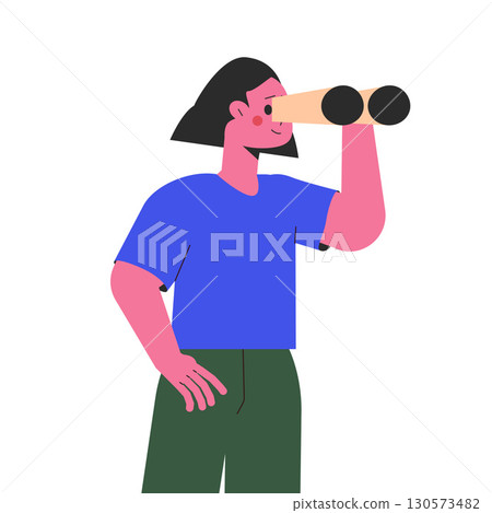 Woman Character Looking Into Distance with Binocular Vector Illustration 130573482