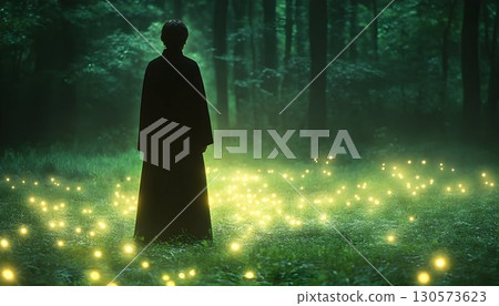 Cloaked Figure Amidst Glowing Lights in a Mystical Forest Scene 130573623