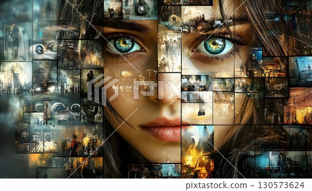 Divided Portrait: A Woman's Face Composed of Urban Scenes and Ey Divided Portrait: A Woman's Face Composed of Urban Scenes and Ey 130573624