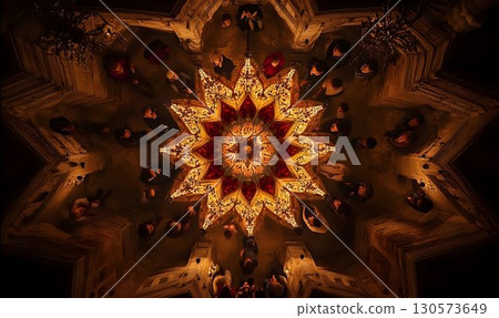 Ornate Star Ceiling with People Gazing Upwards in Warm Golden Li 130573649