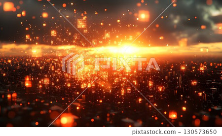 Glowing Cityscape with Fiery Sunset and Abstract Digital Lights 130573650